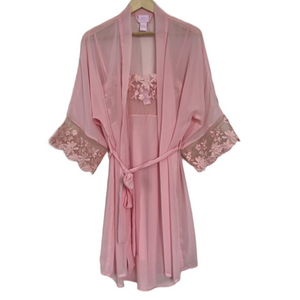 Vintage Blush Pink Sheer Lace La Vie En Rose Lingerie Slip & Robe Set Feminine